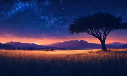a photo of a lone tree and a purple and orange sky