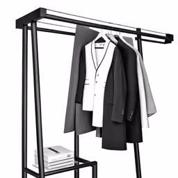 a black clothes rack with multiple coats on it