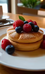 a close up of a plate of pancakes with berries and syrup