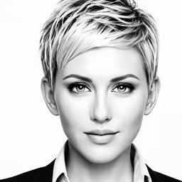 a black and white photo of a woman with short hair