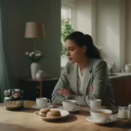a beautiful woman in a business suit sitting at a table