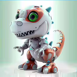 an electronic toy dinosaur with green eyes and large teeth,a toy in the form of a small robot