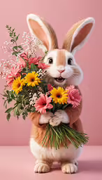 a bunny holding flowers and greenery up to its face,rabbit holding a bouquet of flowers with one eye on the camera
