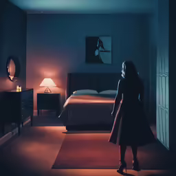 a woman standing in a dark room next to a bed