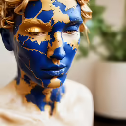 a man with a blue face and gold paint on his face