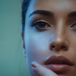 a woman with big brown eyes stares at the camera