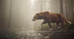 a brown wolf running in the woods on a foggy day