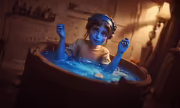 a boy in a tub with blue paint on his hands