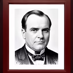 a framed photo of the man with an mustache and bow tie