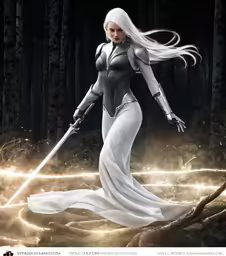 a doll dressed as lady sia holding a sword and standing on a log
