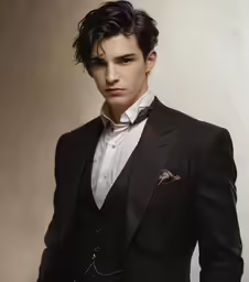 the man wears a suit and tie and stands in front of a wall