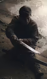 a man sitting on the ground with a long sword in his hand