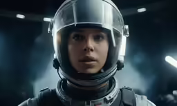 a female in a space suit and helmet looks ahead