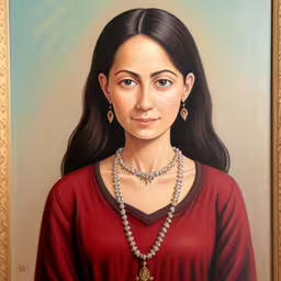painting of woman in red shirt and necklace,a painting of a woman in a red shirt and a necklace,a painting of a woman in a red shirt,this painting of a beautiful woman is made of a selfie,a painting of a woman in a red shirt