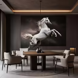 a large picture of a horse on a dining room wall