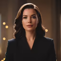 a woman in a business suit poses for a photo