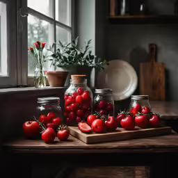 a cutting board with several jar filled with tomatoes on it