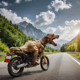 a dog on a motorbike with trees in the background