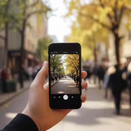 a person holding up an iphone with people walking down the street