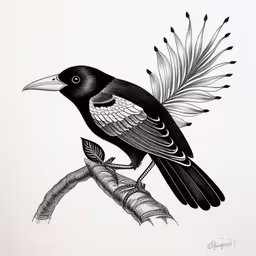 an ink drawing of a bird on a branch,a drawing of a black bird perched on a tree branch