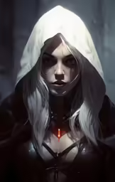 a person wearing a hood with long hair and white hair