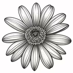 a large daisy that has been drawn in pencil,a black and white flower with an almost outline,a drawing of a daisy flower with long petals,the outline of a flower drawn by hand with a pencil,a large flower with black and white lines on it