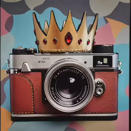 a brown camera with a golden crown on top