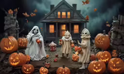two figurines on display in front of a fake house