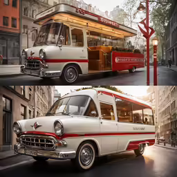 two photos side by side of an old fashioned food truck