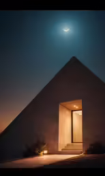 a small house with the moon rising over it