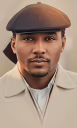 a close up of a person in a hat and coat