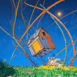 the cube house is upside down in tall grass