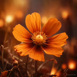 an orange flower in a field with a blurry background,closeup of an orange flower with its yellow petals