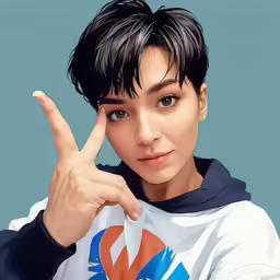 an asian female holding her finger up with the hand on her left side