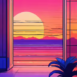 a sunset and palm trees is seen from an open door,a view through an open door into a purple sunset