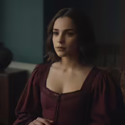 a woman with brown hair in a red blouse looks intently at the camera