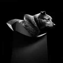a dog sitting inside of a box on a table