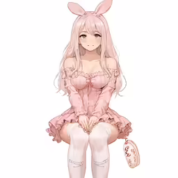a girl in bunny ears is sitting on a stool