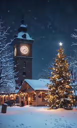 an outdoor christmas tree is beside a clock tower