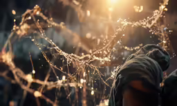 someone standing under rain covered lights next to trees