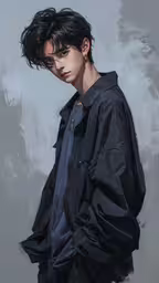 a person with a coat on his shoulders and a pair of scissors in his mouth,a man with black hair and a black coat