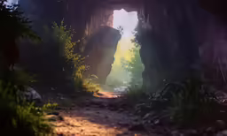 a foggy tunnel leading into the jungle