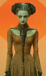 a woman in an old dress is holding her back with a chain