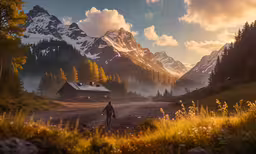 a person walking down a dirt road past a mountain