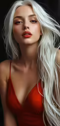 a very attractive lady with white hair and bright red lipstick