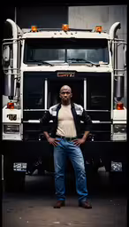 a man standing next to the back of a big truck,a man standing in front of a large truck