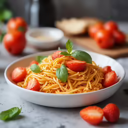 a white bowl of pasta with strawberries