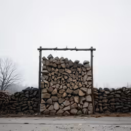 logs stacked up against a wall and an outdoor shelter