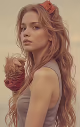 a pretty woman with long wavy hair and a brown top