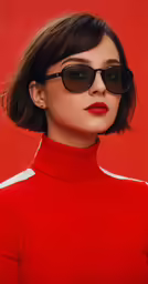 woman wearing sunglasses with red background